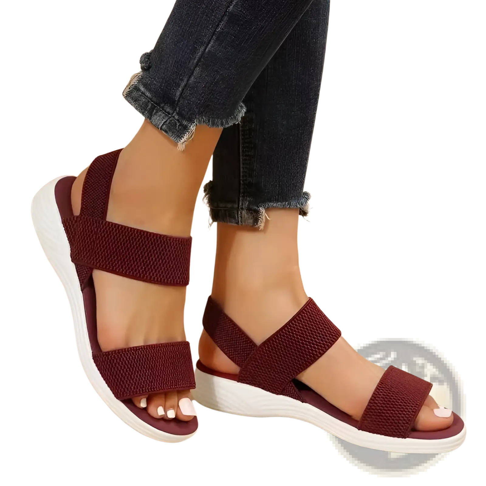 Flyknit elastic back strap flat sandals for women in maroon with elastic straps and white rubber sole shown from the back