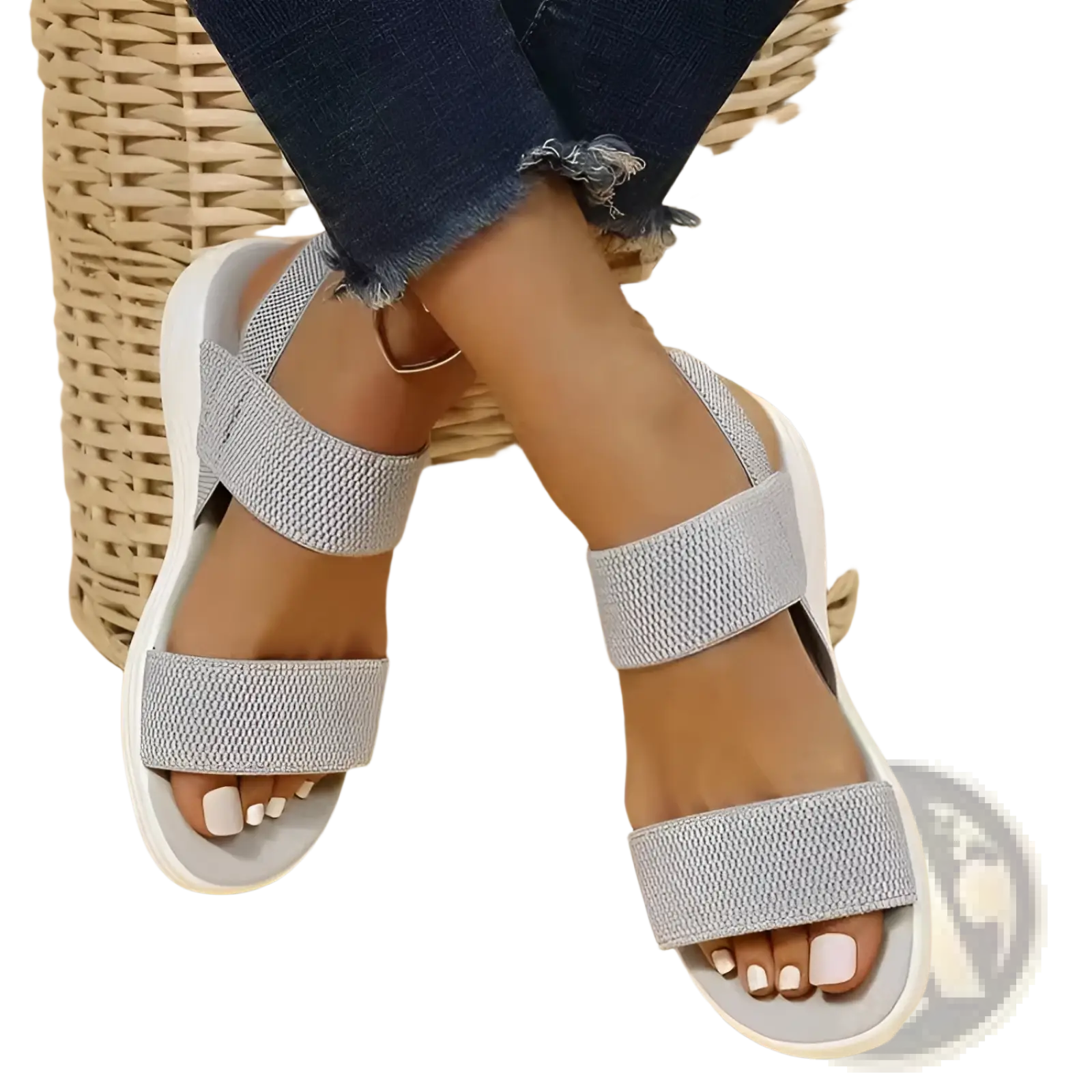Light gray flyknit elastic back strap flat sandals with woven strap and white rubber sole for women