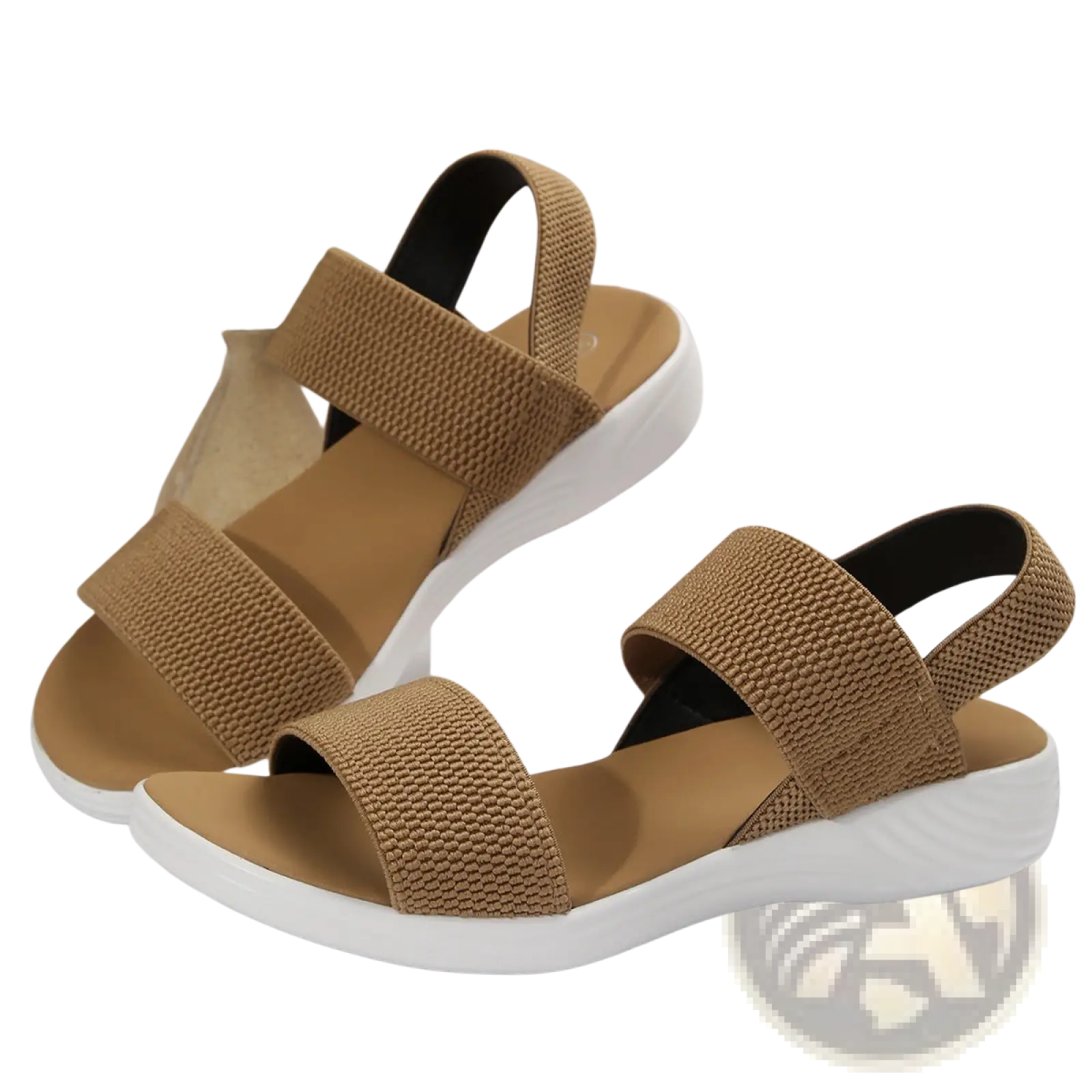 Tan woven-strap flyknit elastic back strap flat sandals for women with white rubber sole and black inner lining