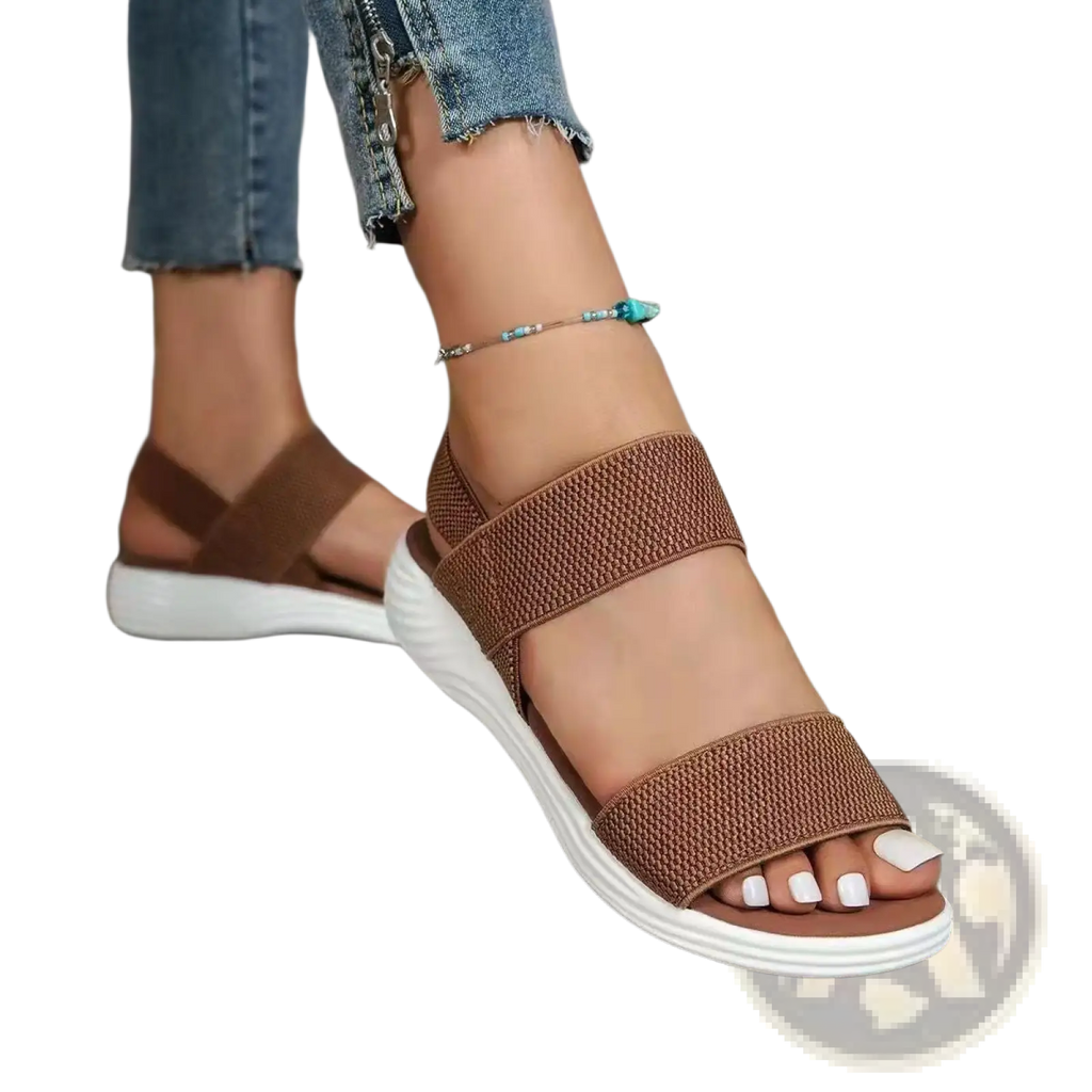 Brown flyknit elastic back strap flat sandals for women with woven straps and white rubber sole