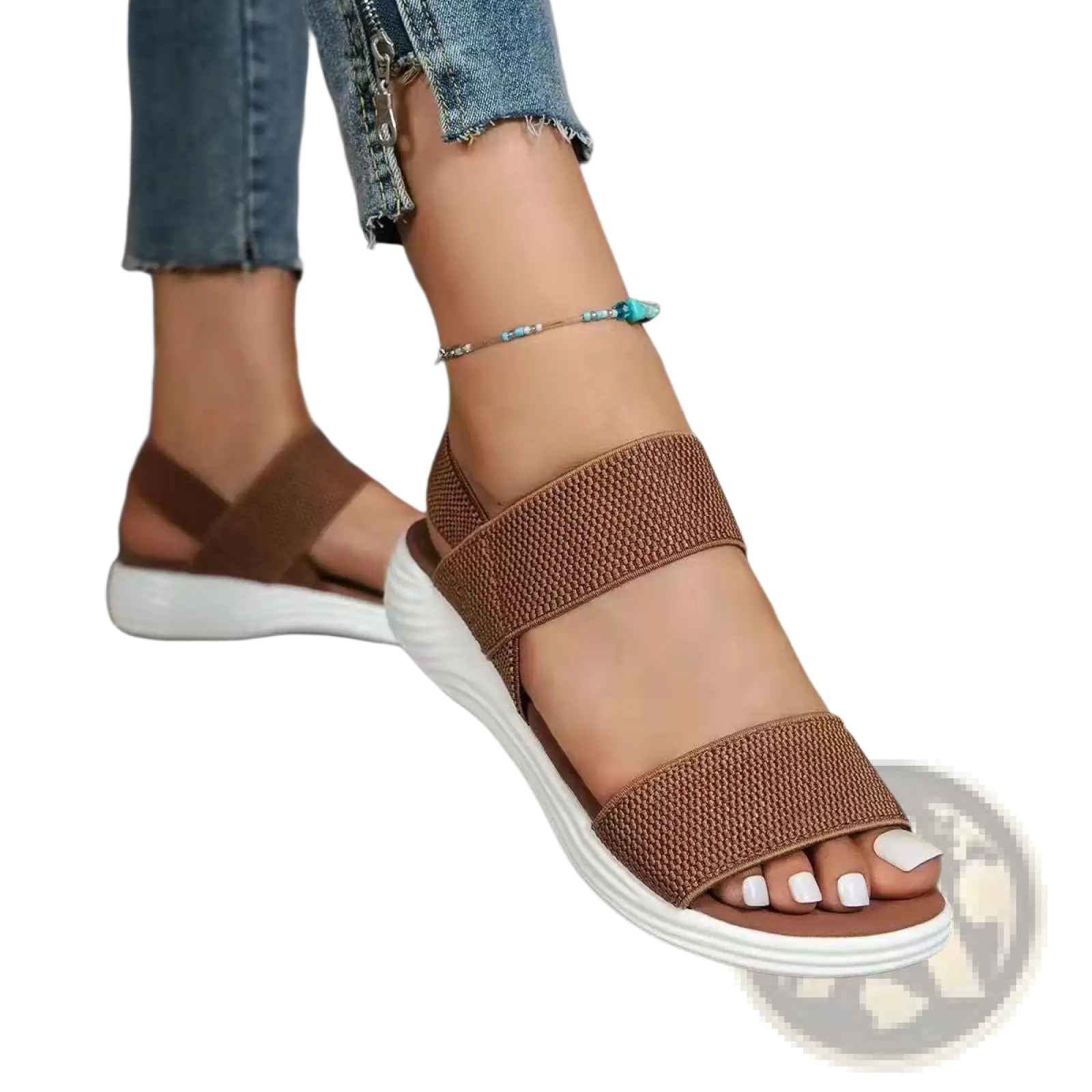 Brown flyknit elastic back strap flat sandals for women with woven straps and white rubber sole