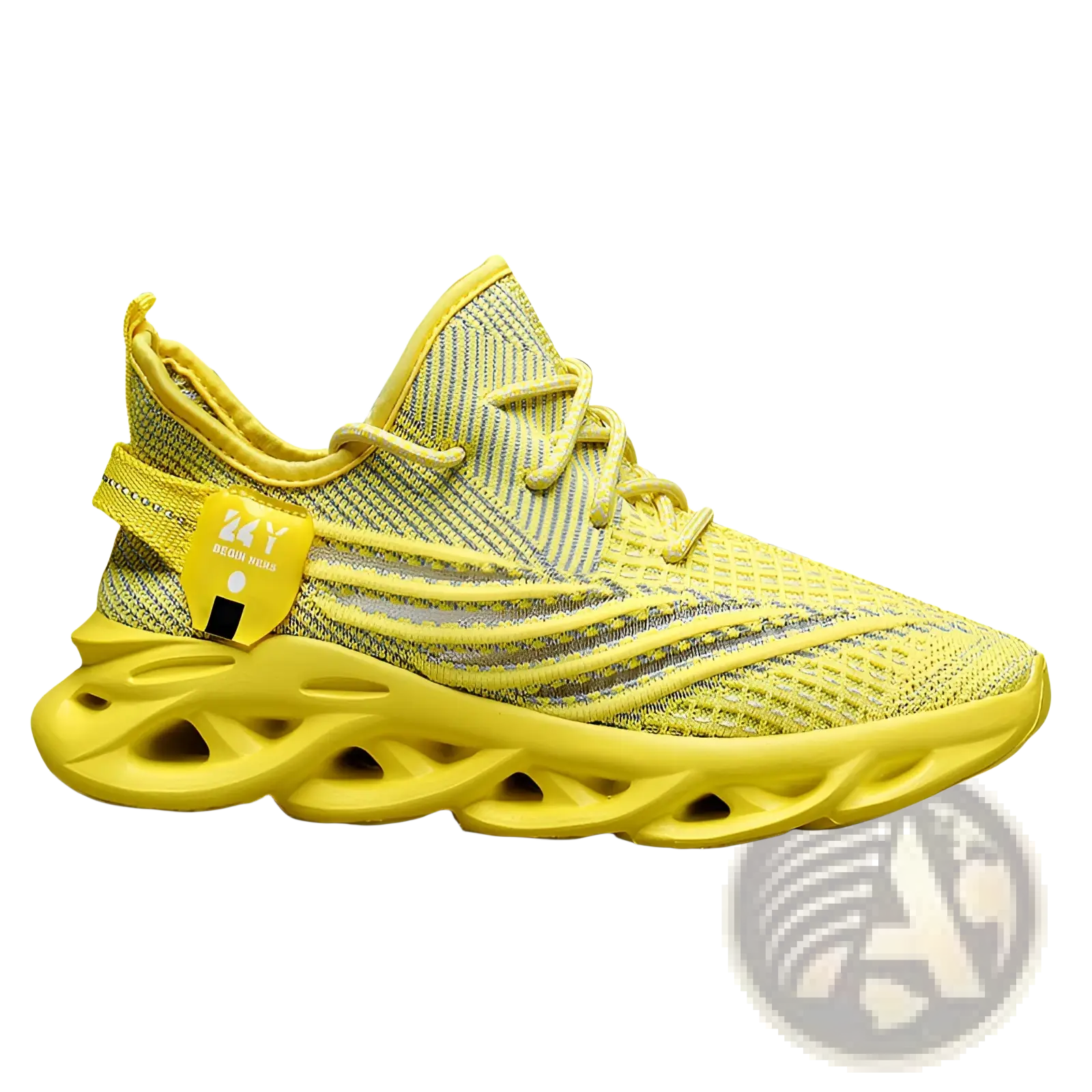 Bright yellow flyknit mesh platform running shoe for men with chunky sculpted sole and matching laces