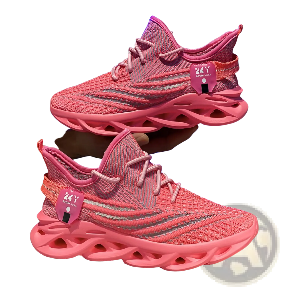 Flyknit mesh platform running shoes for men in pink knit with silver mesh accents and a chunky translucent sole