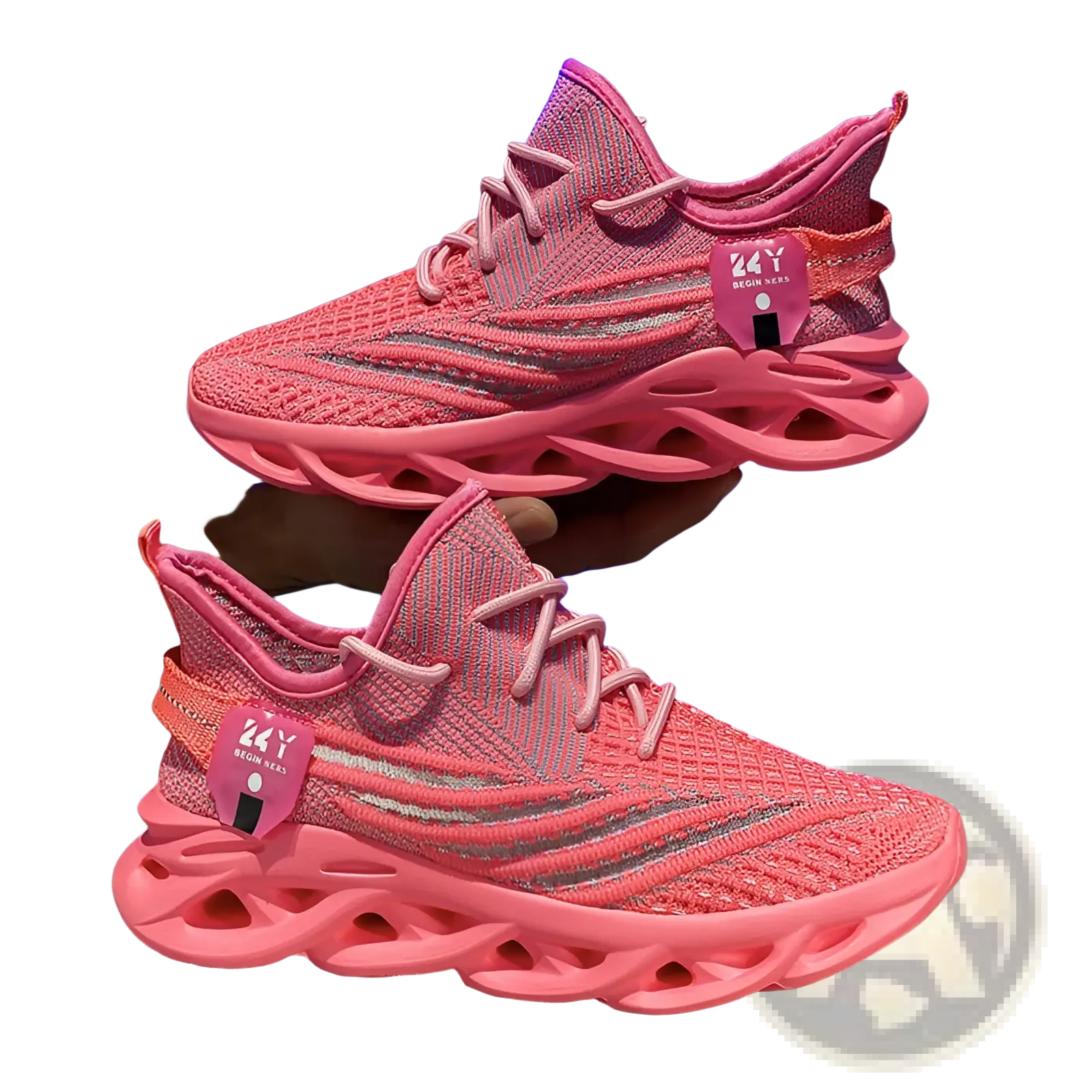 Flyknit mesh platform running shoes for men in pink knit with silver mesh accents and a chunky translucent sole
