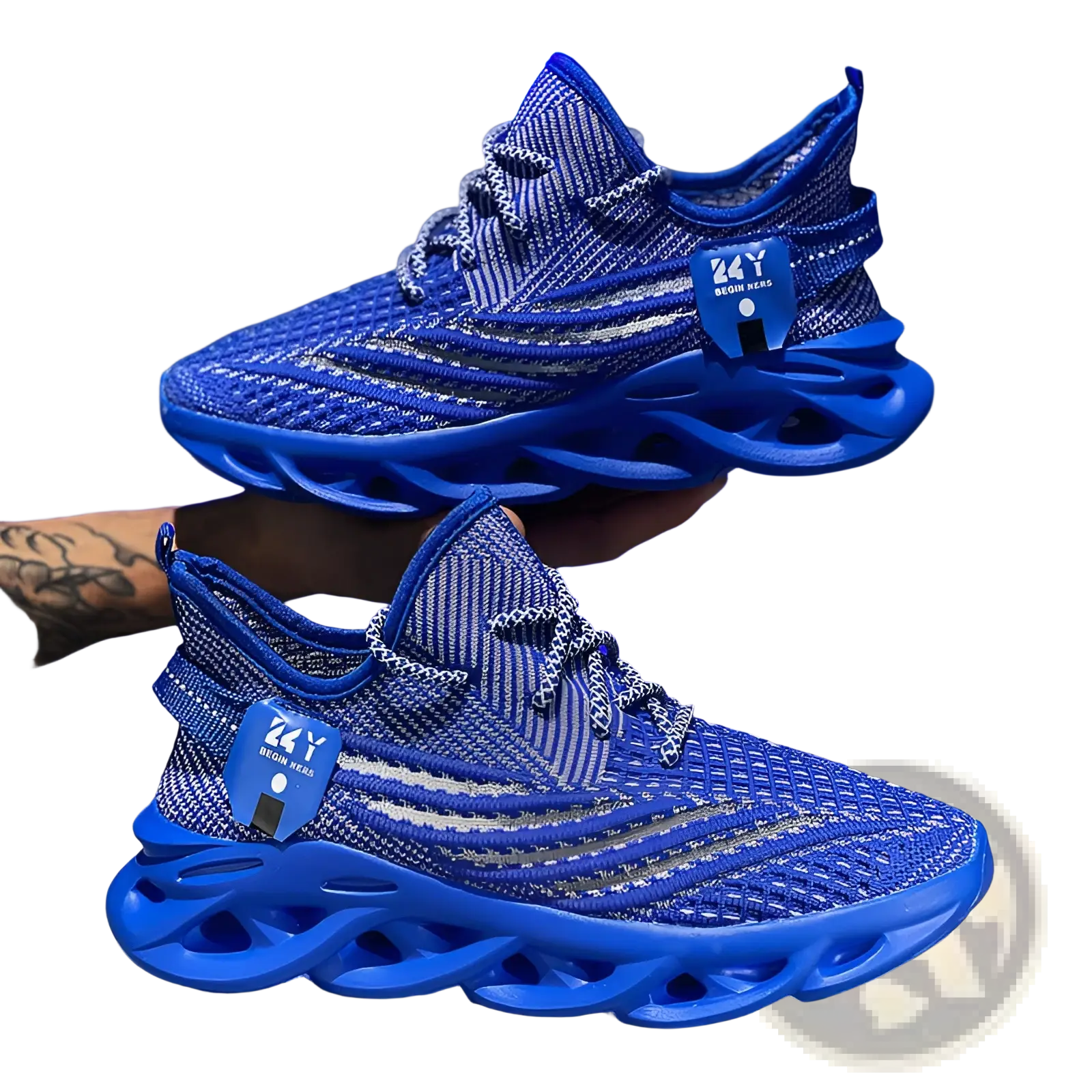Flyknit mesh platform running shoes for men in vibrant blue knit with bold sculpted sole and silver accent stripes