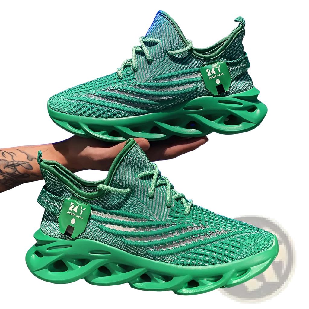 Flyknit mesh platform running shoes for men in vibrant green with silver accent stripes and sculpted sole