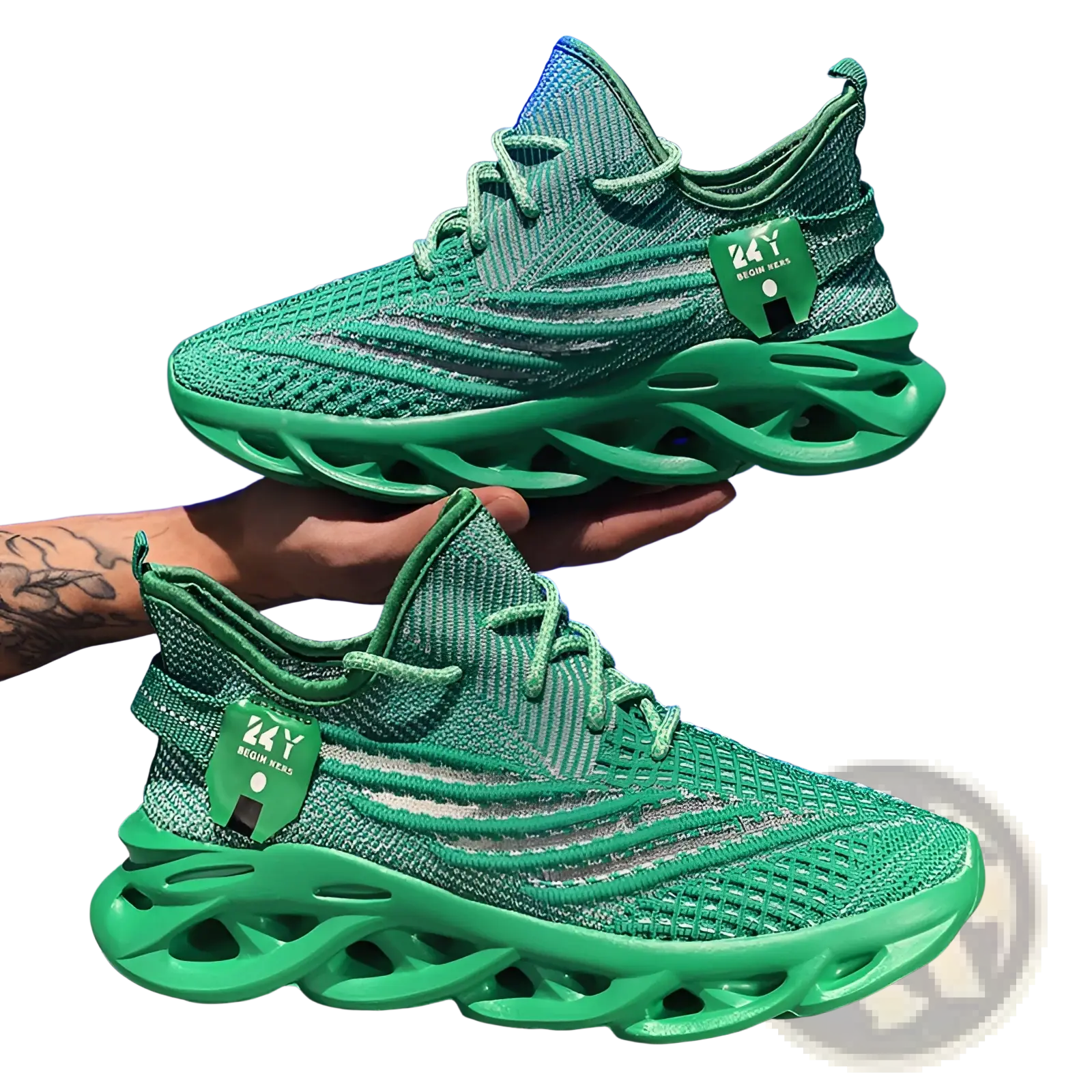 Flyknit mesh platform running shoes for men in vibrant green with silver accent stripes and sculpted sole