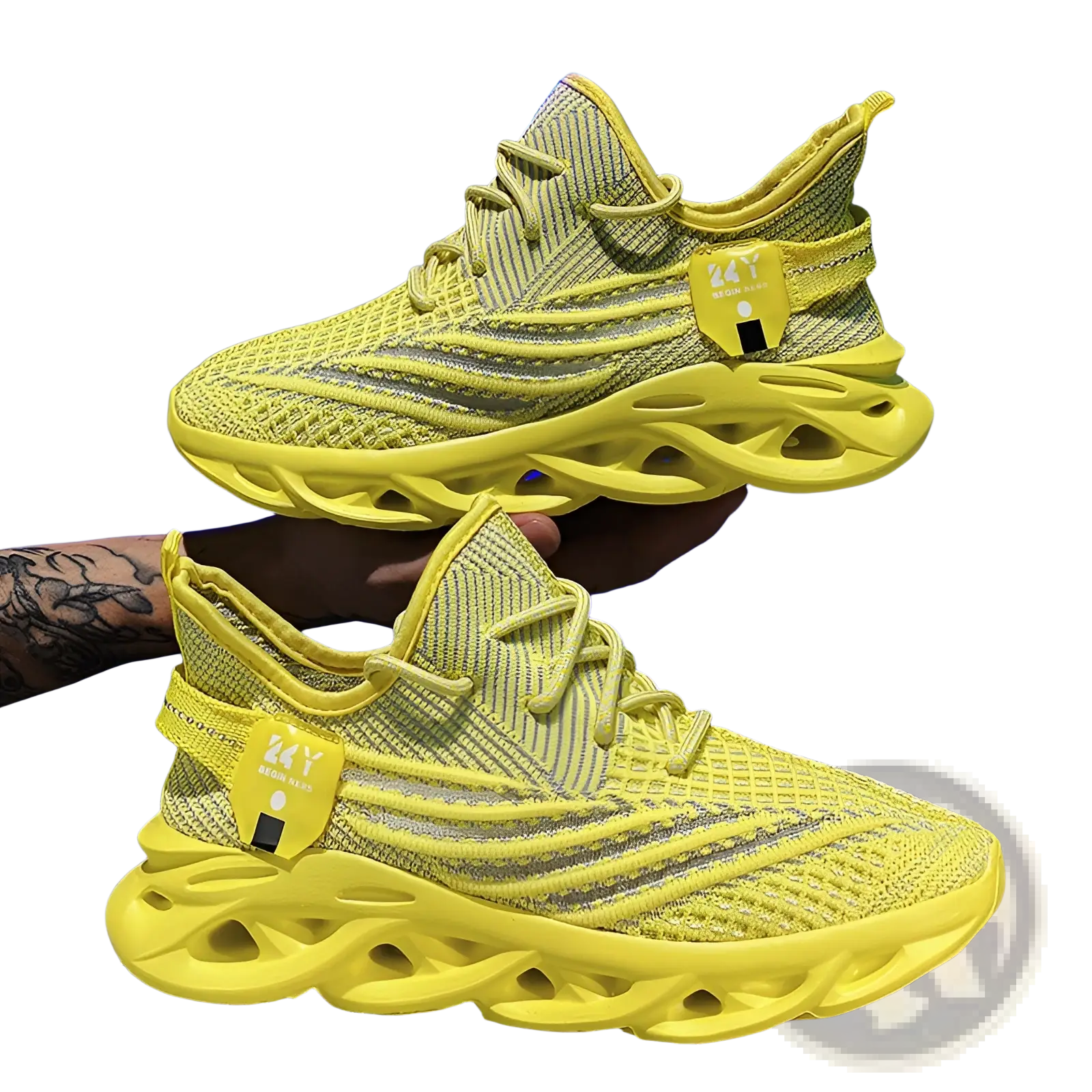 Vibrant yellow flyknit mesh platform running shoes for men with bold sculpted sole and matching laces
