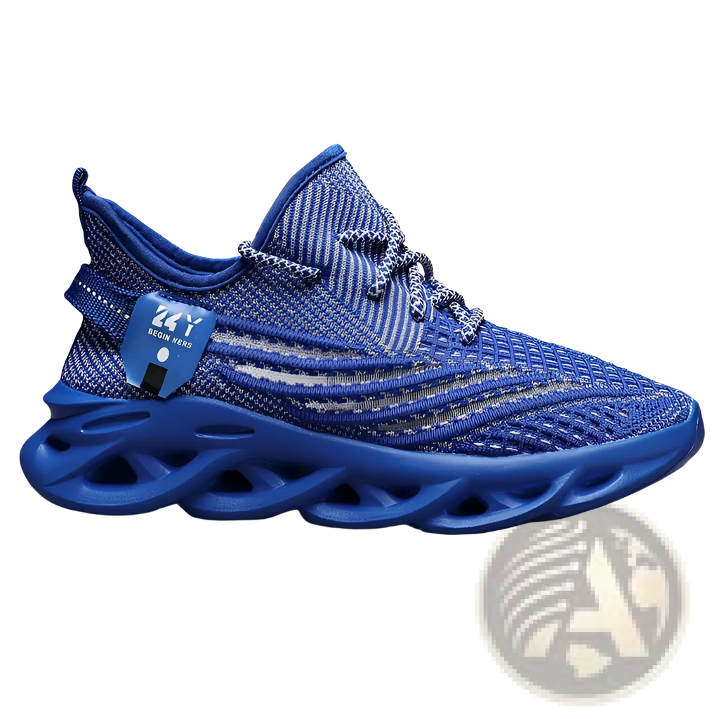 Blue flyknit mesh platform running shoe for men with bold sculpted rubber sole and matching laces
