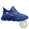 Blue flyknit mesh platform running shoe for men with bold sculpted rubber sole and matching laces
