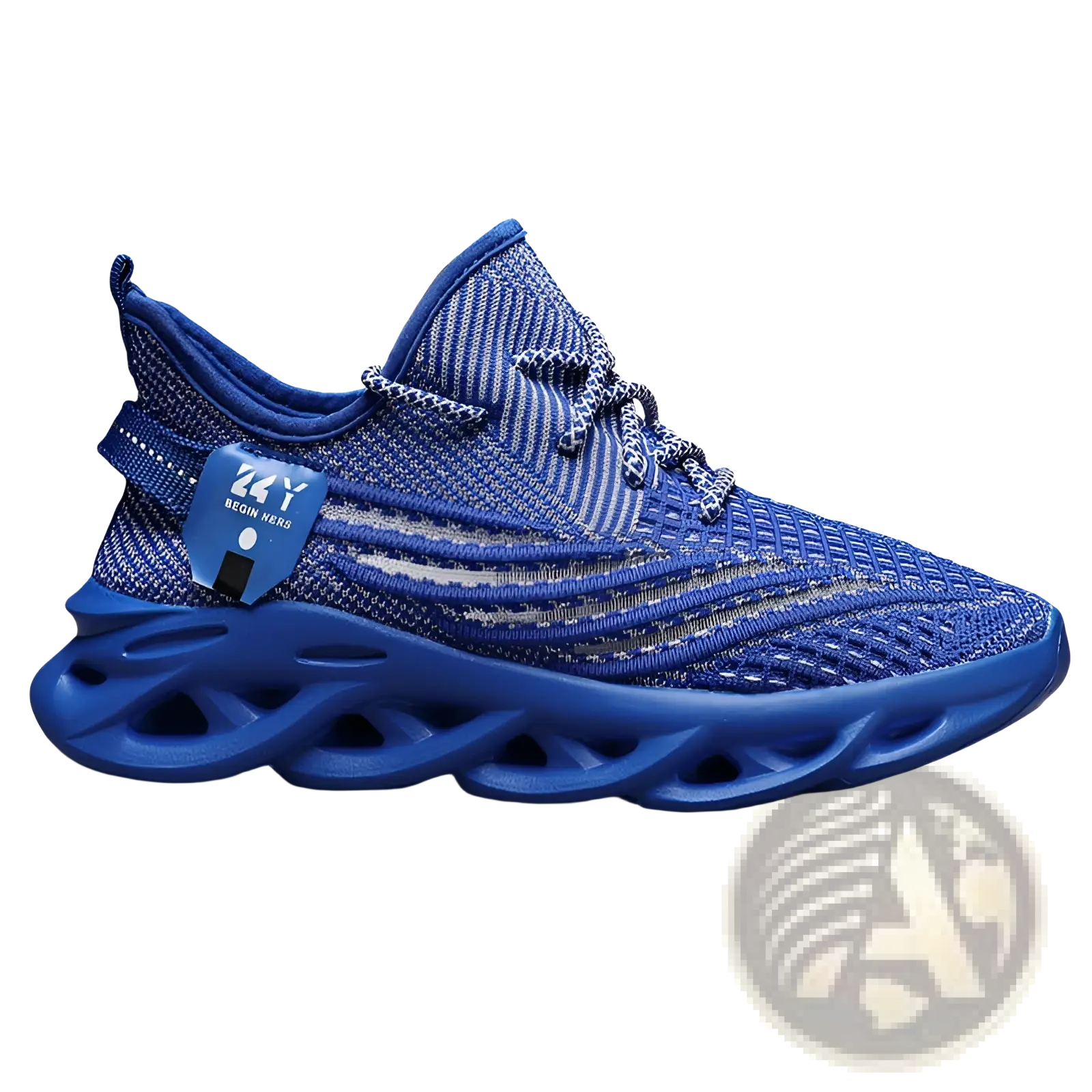 Blue flyknit mesh platform running shoe for men with bold sculpted rubber sole and matching laces