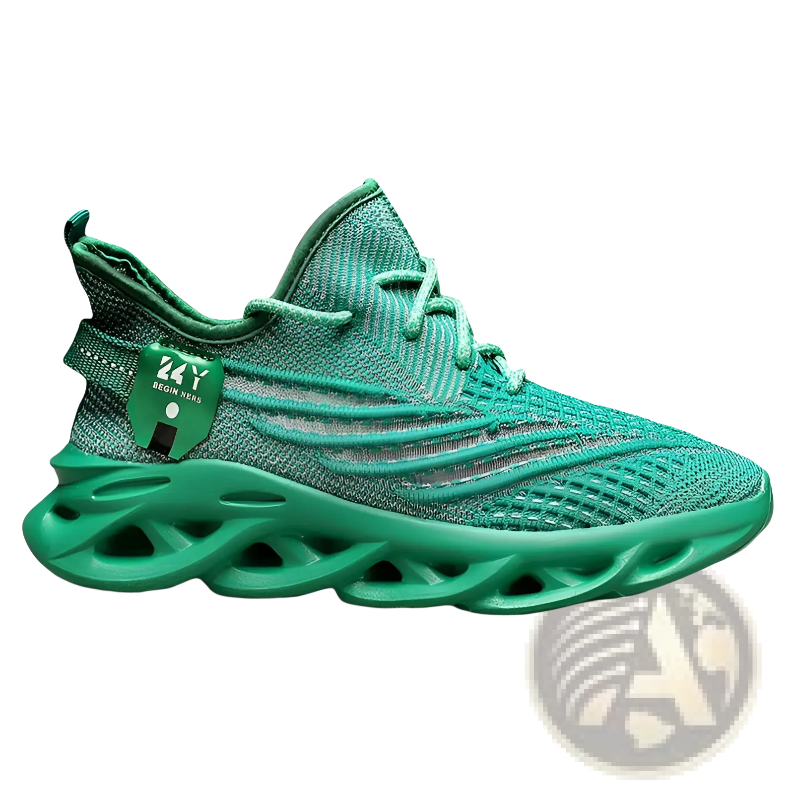 Vibrant green flyknit mesh platform running shoe for men with textured upper and chunky sculpted rubber sole