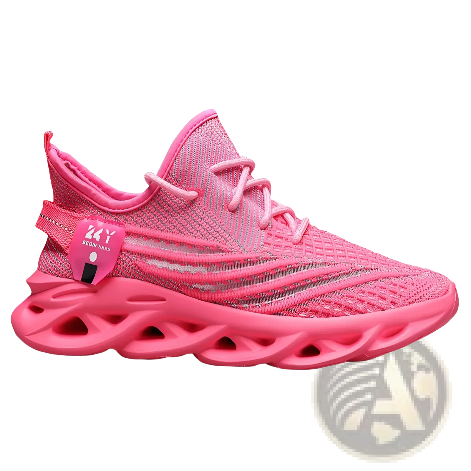 Bright pink flyknit mesh platform running shoe for men with chunky sculpted sole and matching laces