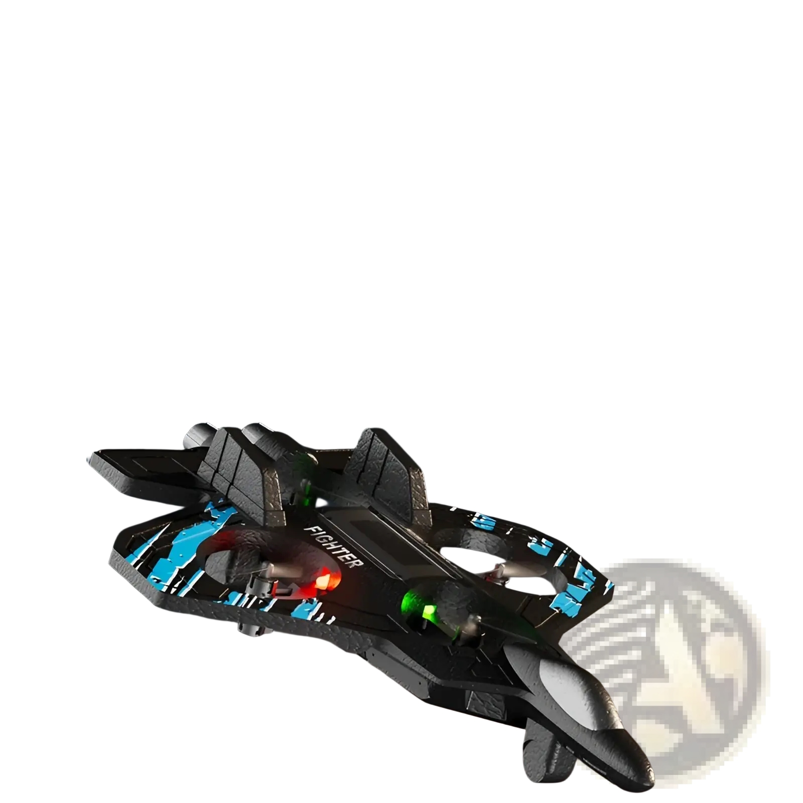 Foam airplane fighter jet drone remote-controlled toy in black and blue with glowing green and red led lights