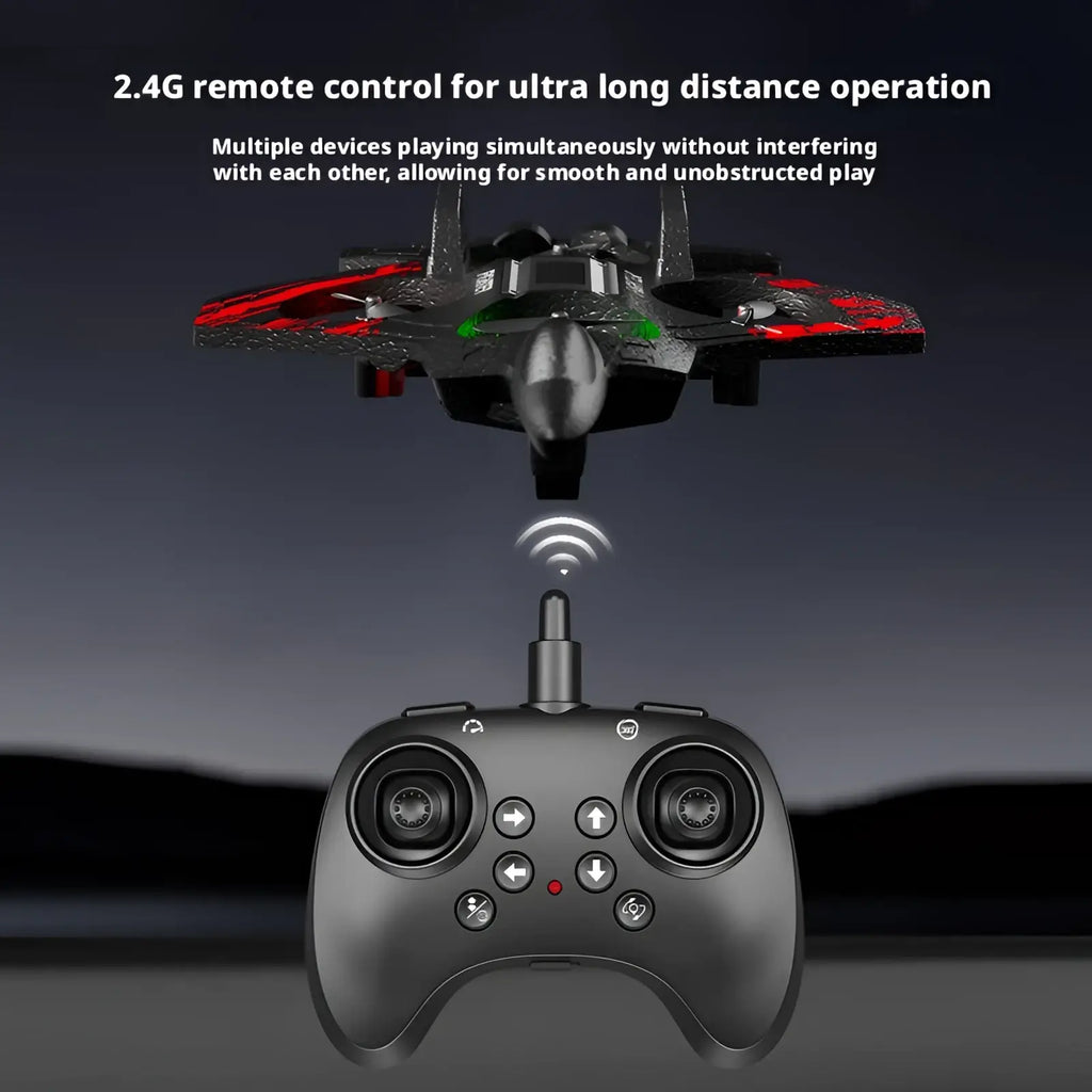 Foam airplane fighter jet drone featuring led lights in black and red with a sleek aerodynamic foam design