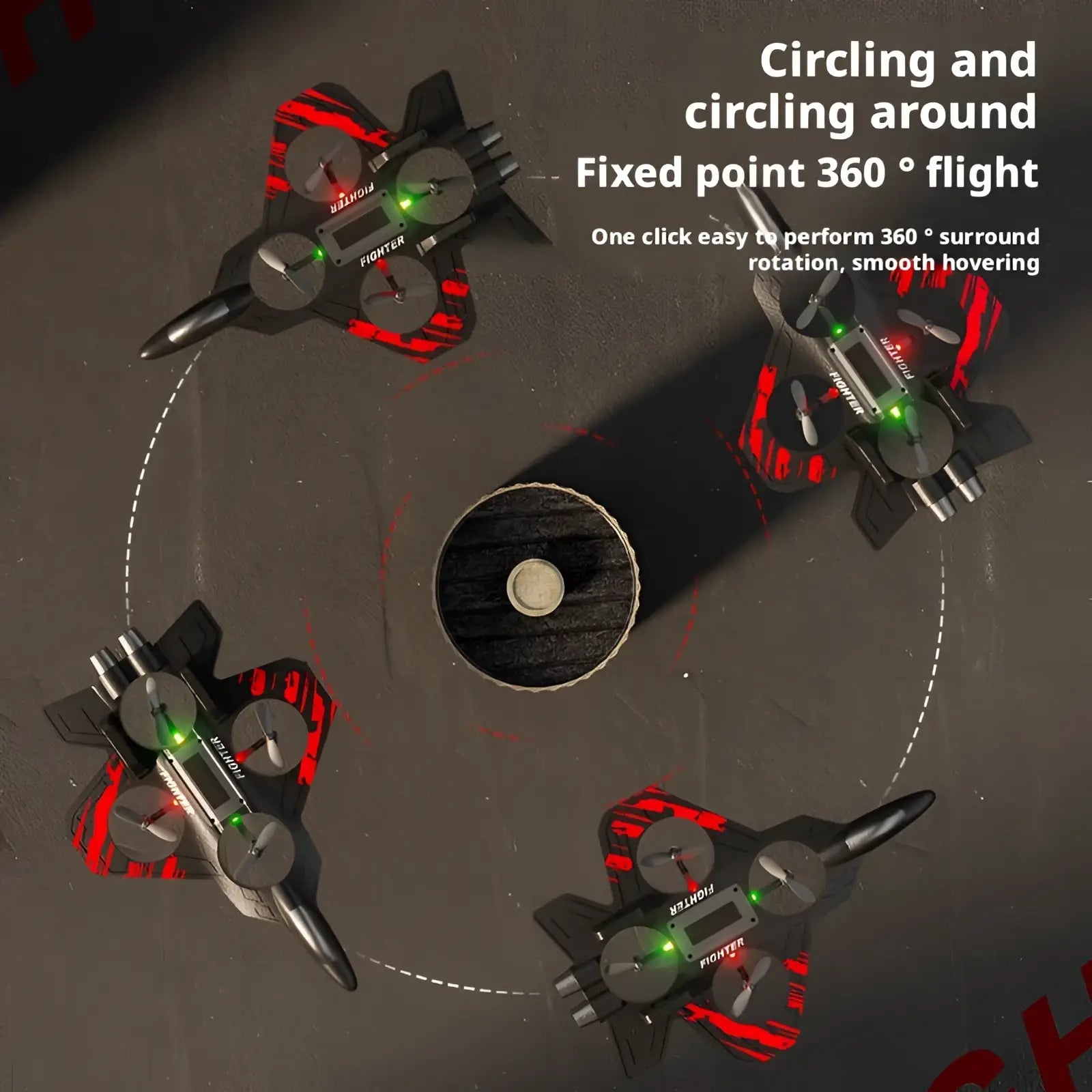 Foam airplane fighter jet drones in black and red with green led lights designed for aerial flying play