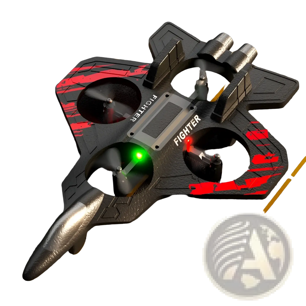 Foam airplane fighter jet drone in black and red with metallic silver accents and led lights for aerial flight