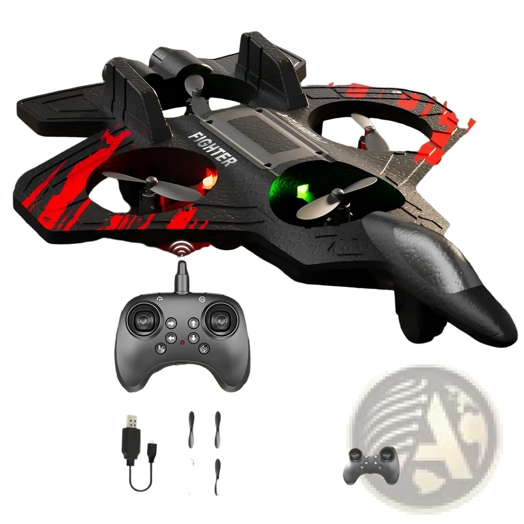 Foam airplane fighter jet drone with red and black design and led lights glowing on its propellers