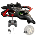 Foam airplane fighter jet drone with red and black design and led lights glowing on its propellers