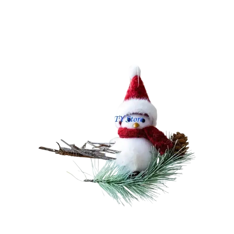 A fluffy white foam bird snowman ornament wearing a red santa hat and matching scarf with blue button eyes