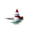 A fluffy white foam bird snowman ornament wearing a red santa hat and matching scarf with blue button eyes
