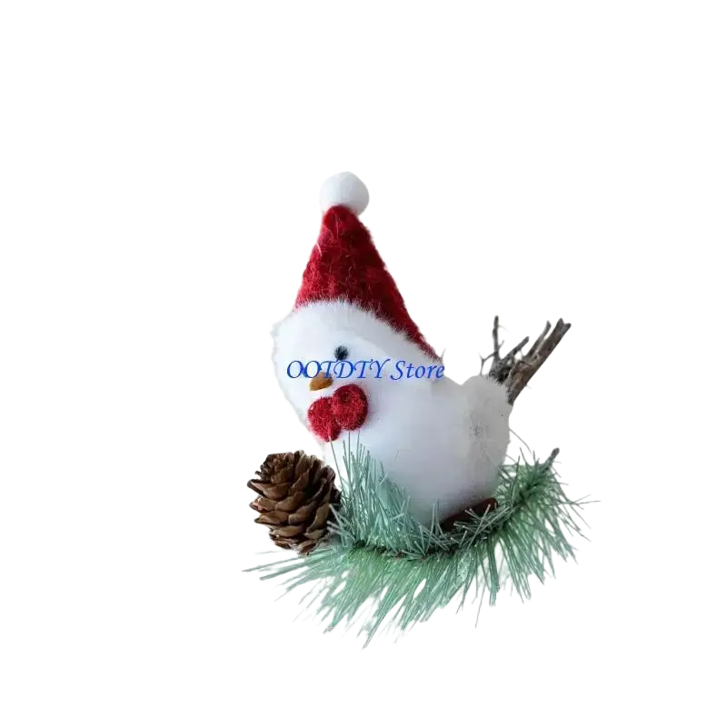 A plush white foam bird christmas ornament wearing a red santa hat with a glittery red comb and wattle