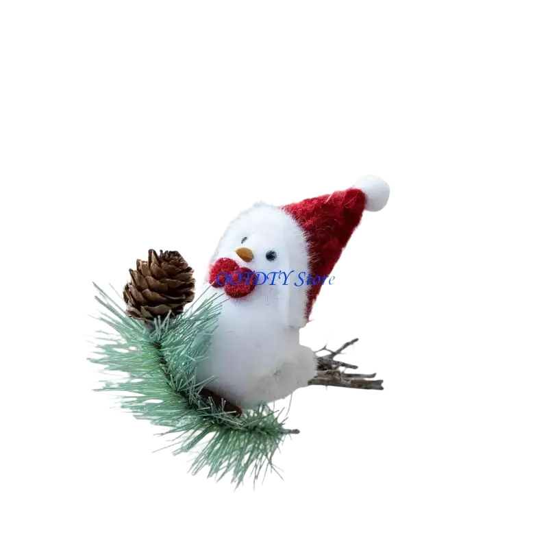 White foam bird Christmas ornament wearing a red santa hat and holding a pinecone decoration