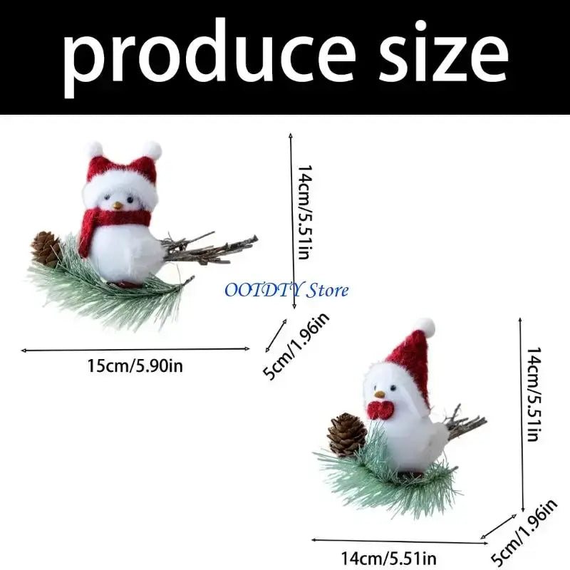 White foam bird Christmas ornament wearing red santa hat and scarf perched on pine needles with pinecone
