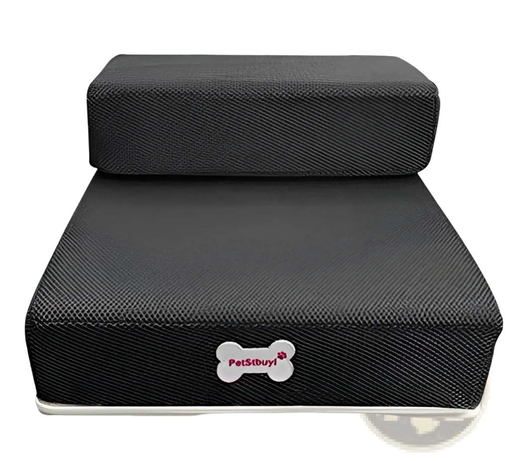Black textured foam pet stairs with white bone shaped petsbuy logo in pink for convertible dog ramp and step use