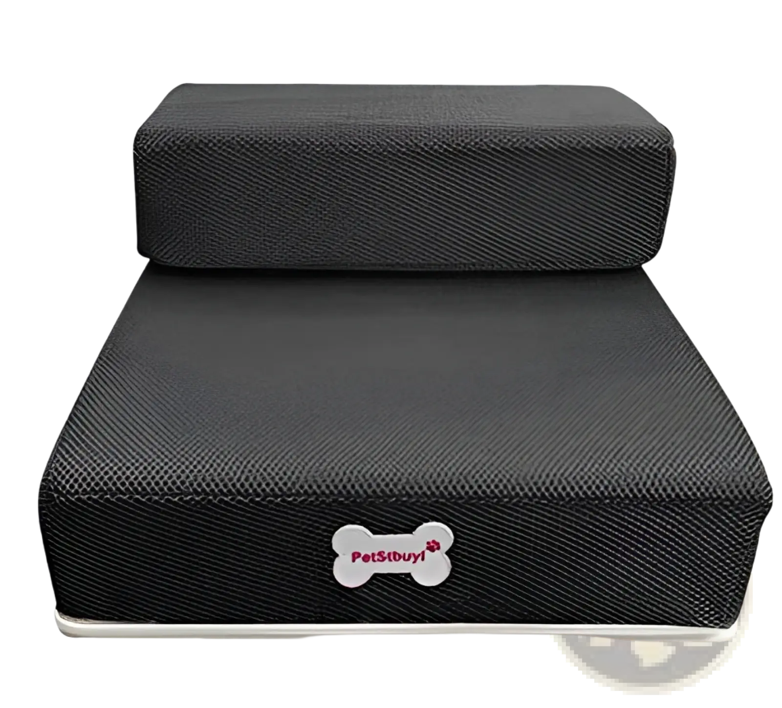 Black textured foam pet stairs with white bone shaped petsbuy logo in pink for convertible dog ramp and step use