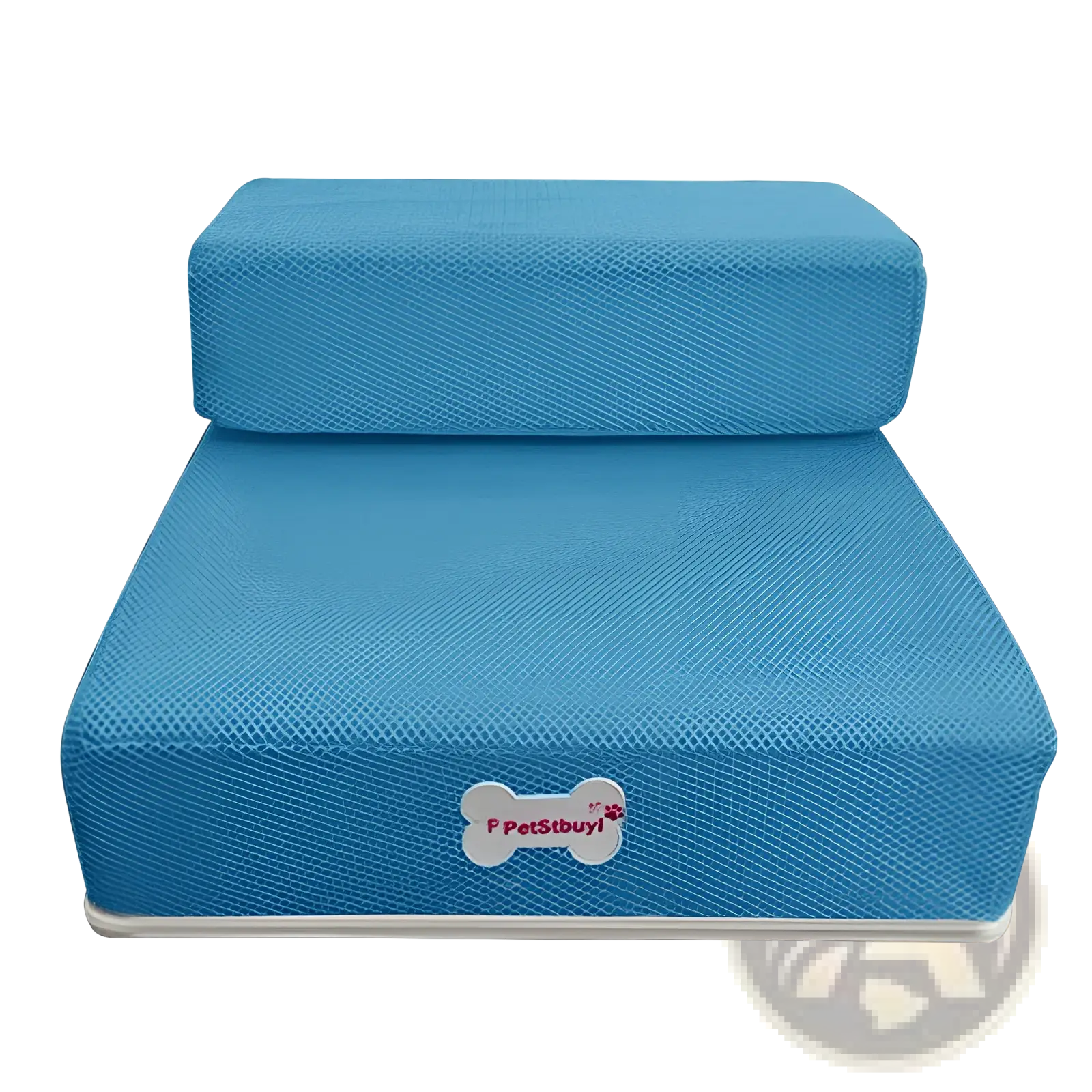 Blue foam pet stairs with textured surface and white base designed as convertible dog ramp and step