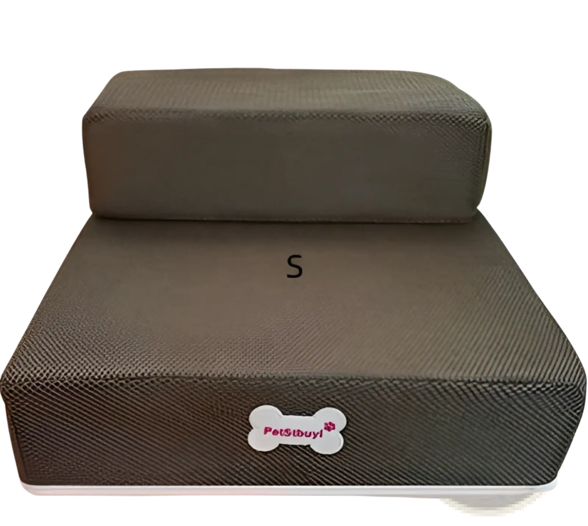 Brown foam pet stairs two-step convertible dog ramp with textured fabric surface and white bone logo patch