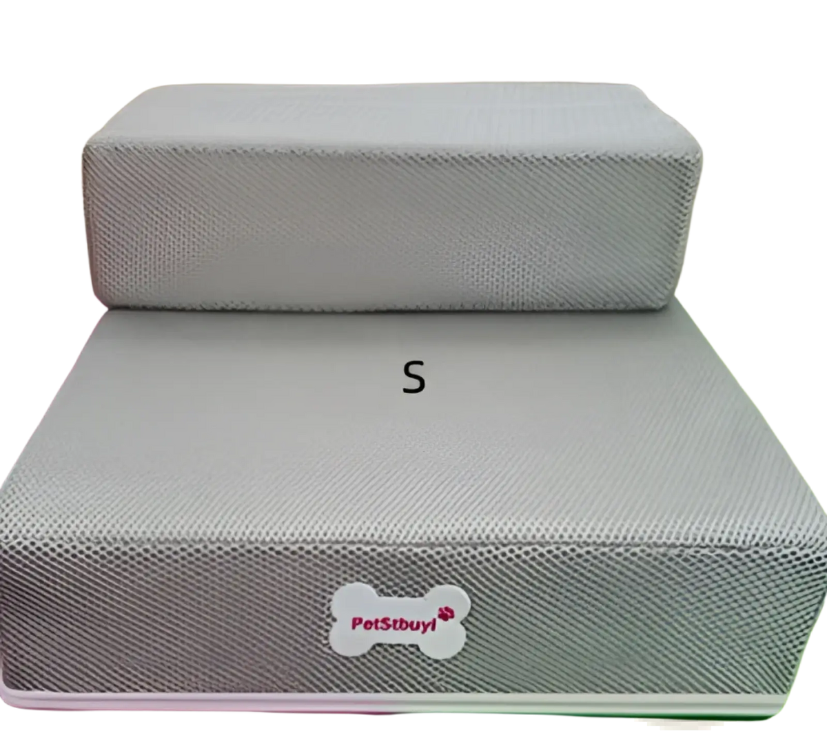 Gray textured foam pet stairs with white bone logo and petsibuy branding for convertible dog ramp and step use