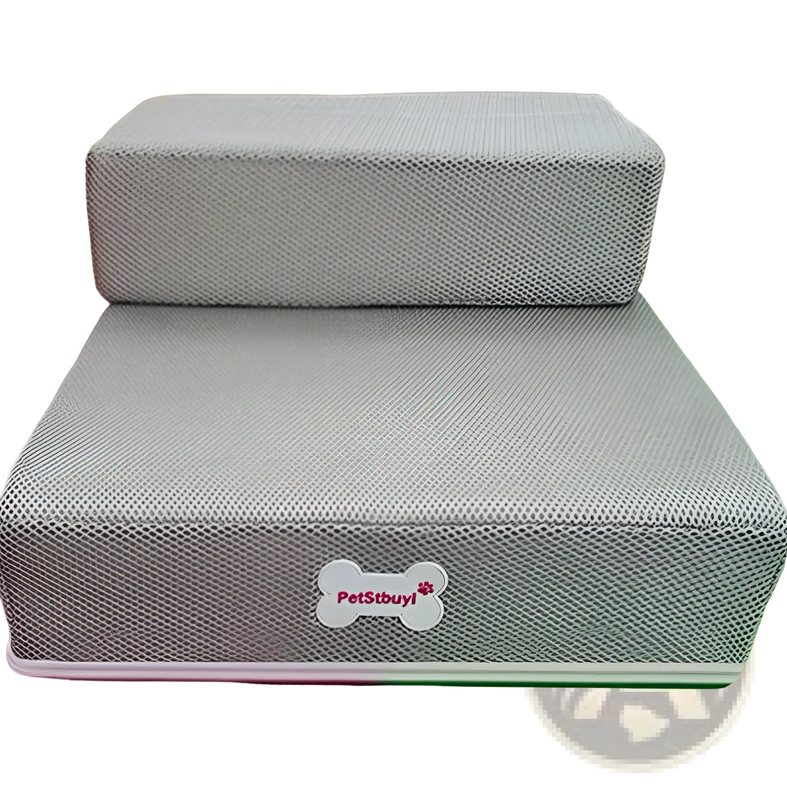 Gray mesh foam pet stairs convertible dog ramp and step with white bone shaped logo for easy pet access