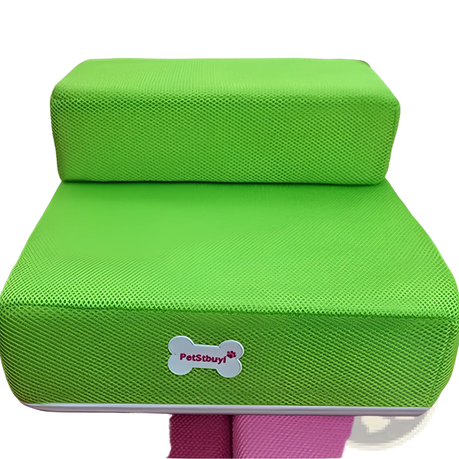 Bright green two-step foam pet stairs with textured fabric surface and white trim convertible to dog ramp