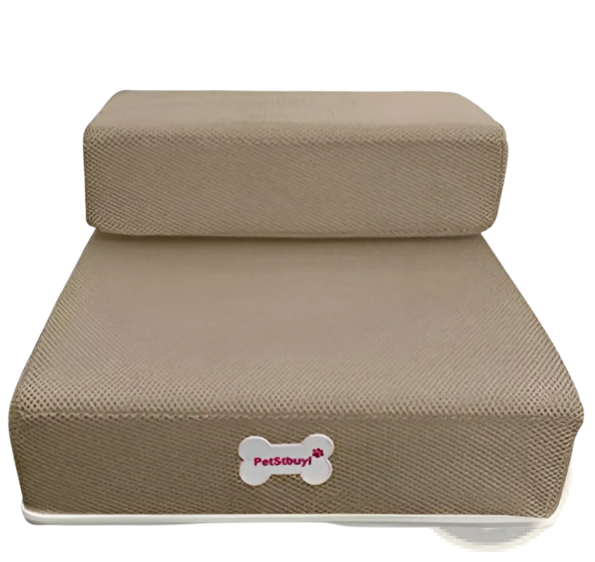 Beige textured foam pet stairs with a white bone shaped logo convertible as dog ramp and step