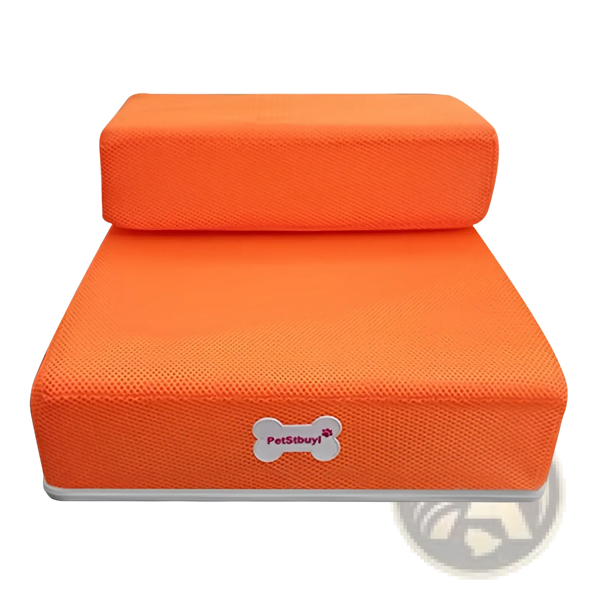 Bright orange two-step foam pet stairs with textured fabric surface and white base for dog ramp and step use