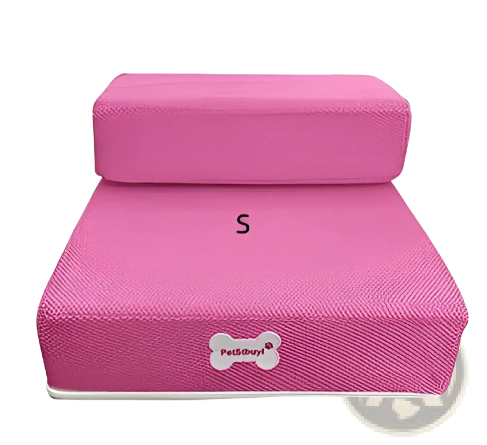Foam pet stairs convertible dog ramp and step featuring a pink textured foam pet bed with a bone shaped logo patch