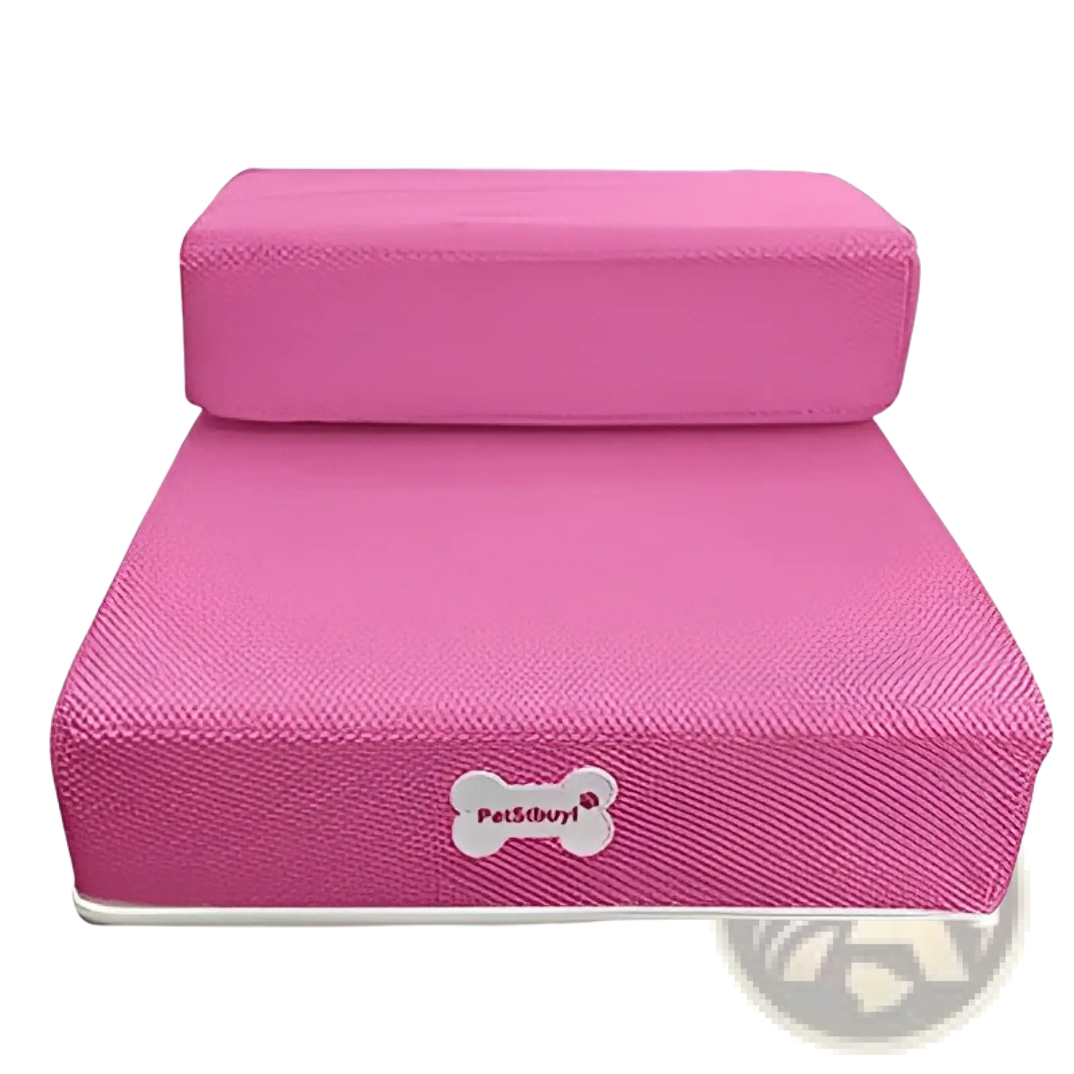 Foam pet stairs convertible dog ramp and step in pink textured foam with a white bone-shaped logo on the side