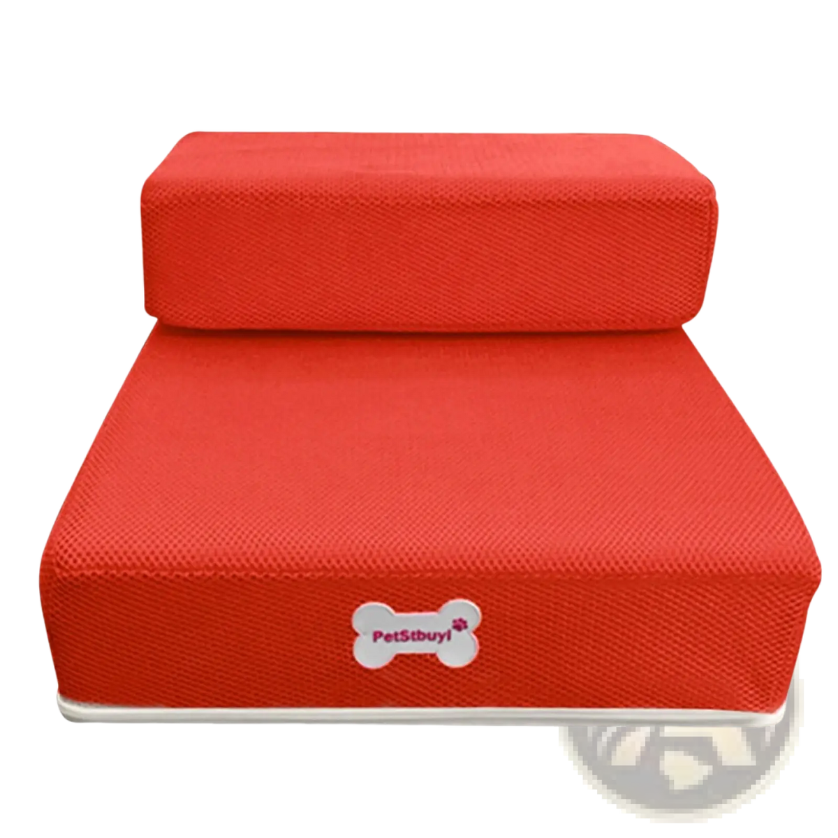 Red two-step foam pet stairs convertible dog ramp with textured fabric and white bone-shaped logo on top surface