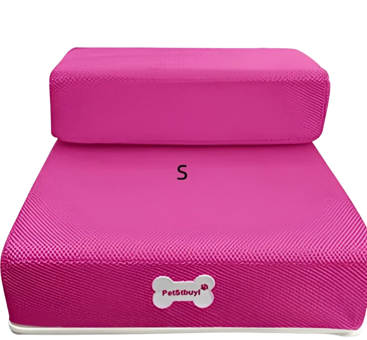 Pink foam pet stairs convertible dog ramp and step featuring a white bone shaped logo on the front side