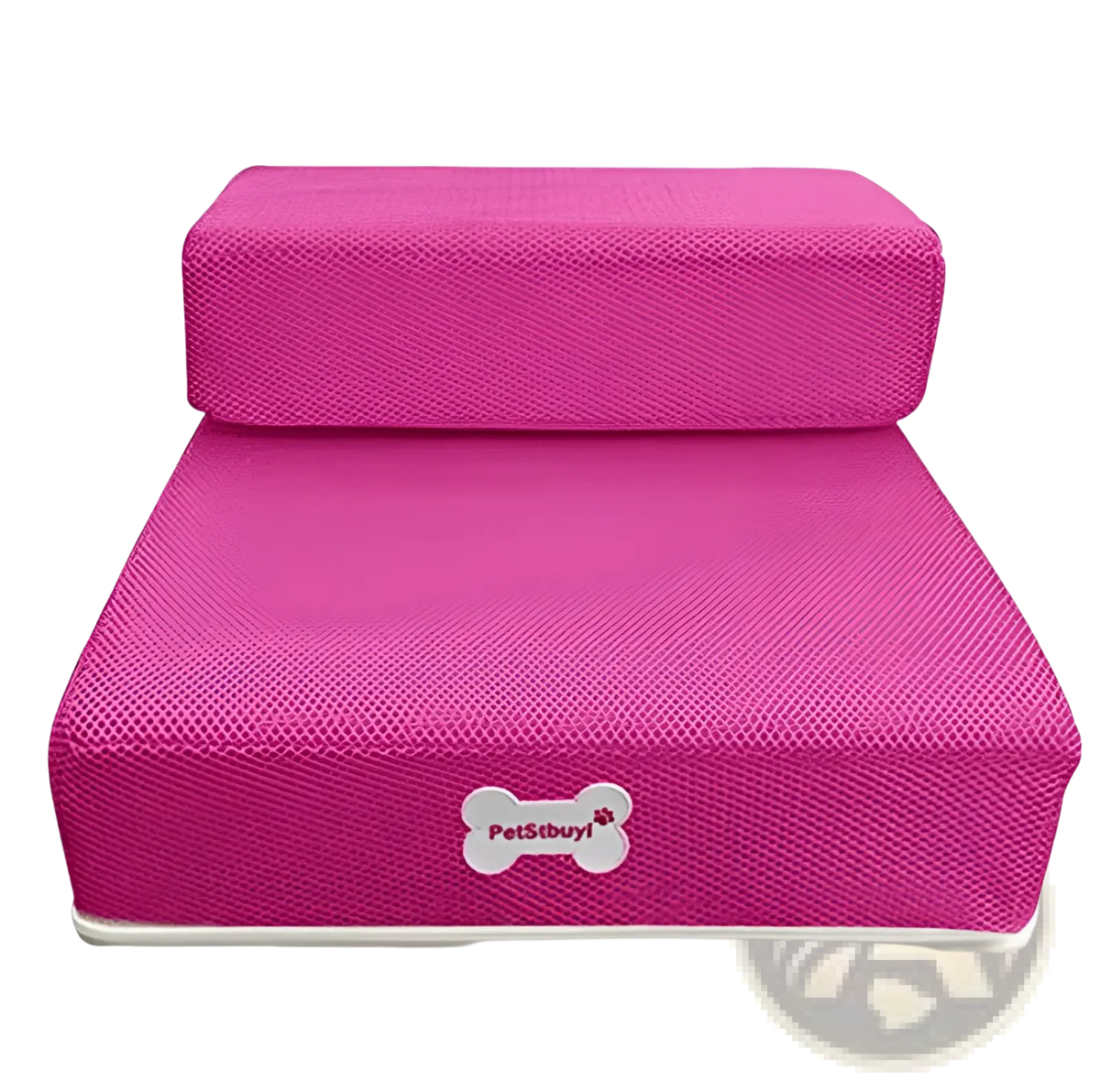 Bright pink foam pet stairs with two steps textured fabric surface and white bone shaped logo patch for dogs