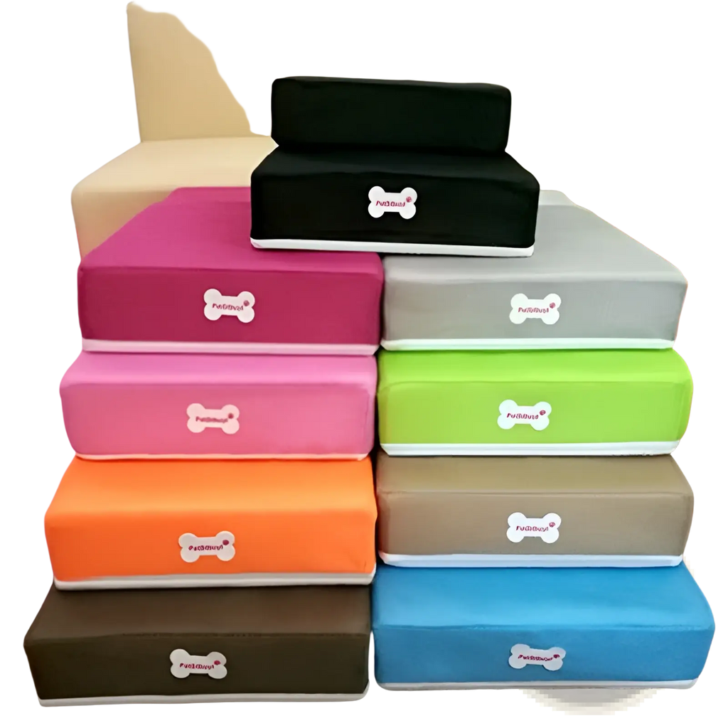 Colorful foam pet stairs convertible dog ramp with plush steps in pink green orange and blue with white bone logo