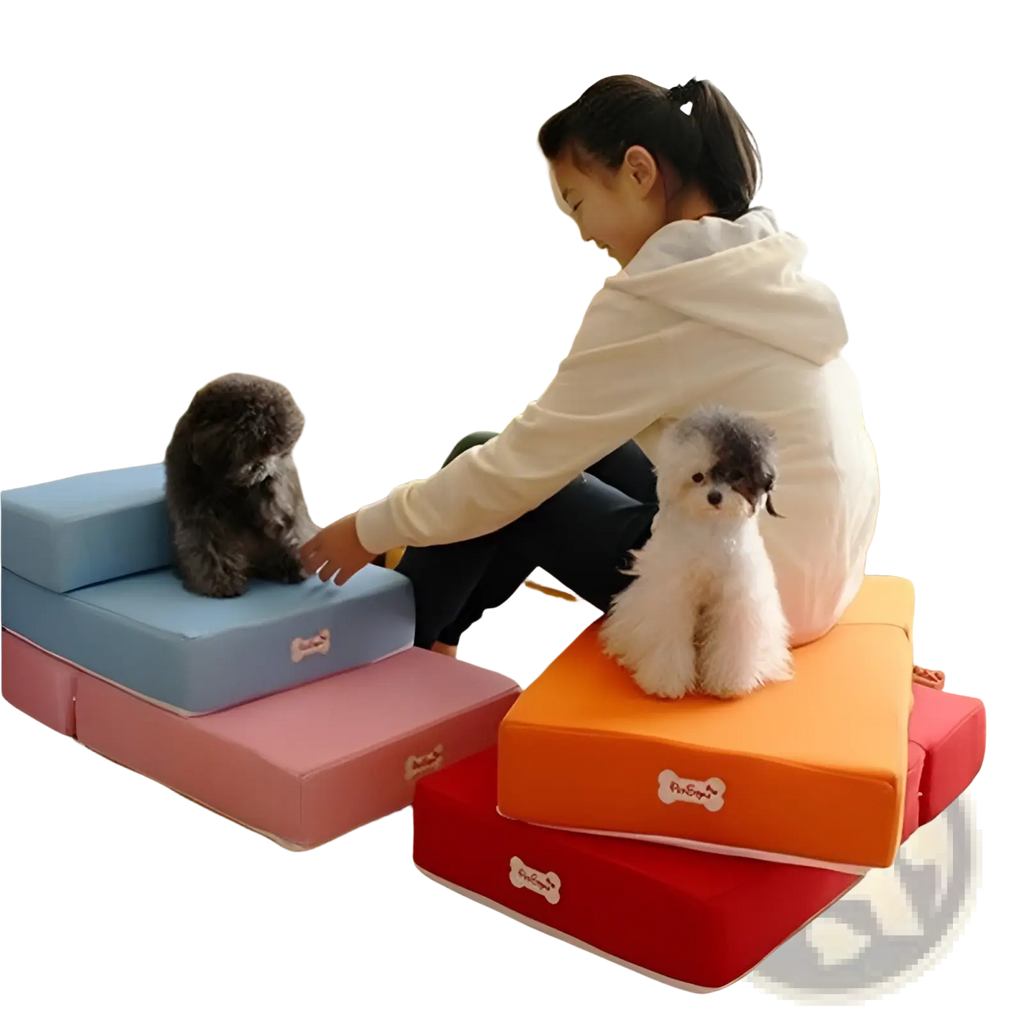 Colorful soft foam pet stairs in blue pink orange and red for convertible dog ramp and step use