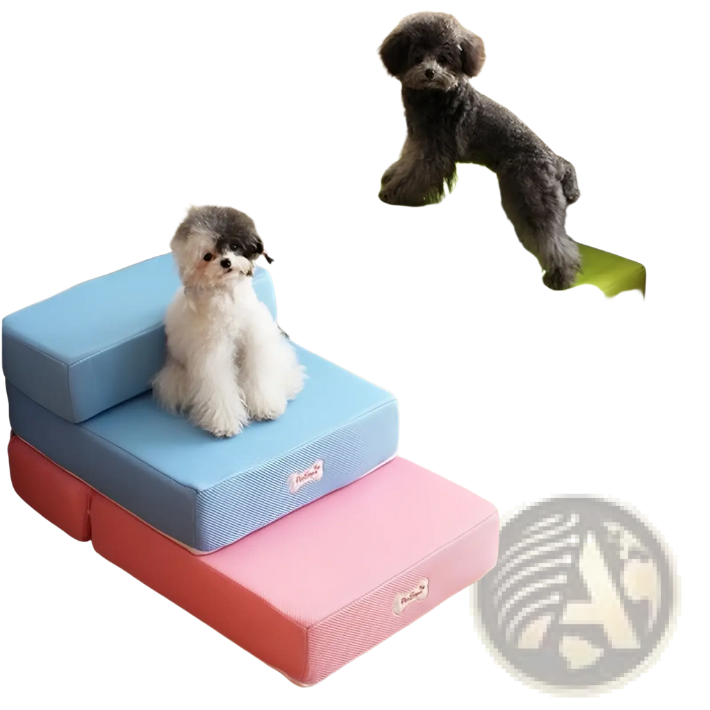Colorful soft foam pet stairs in blue pink green and yellow convertible to a dog ramp for easy pet access
