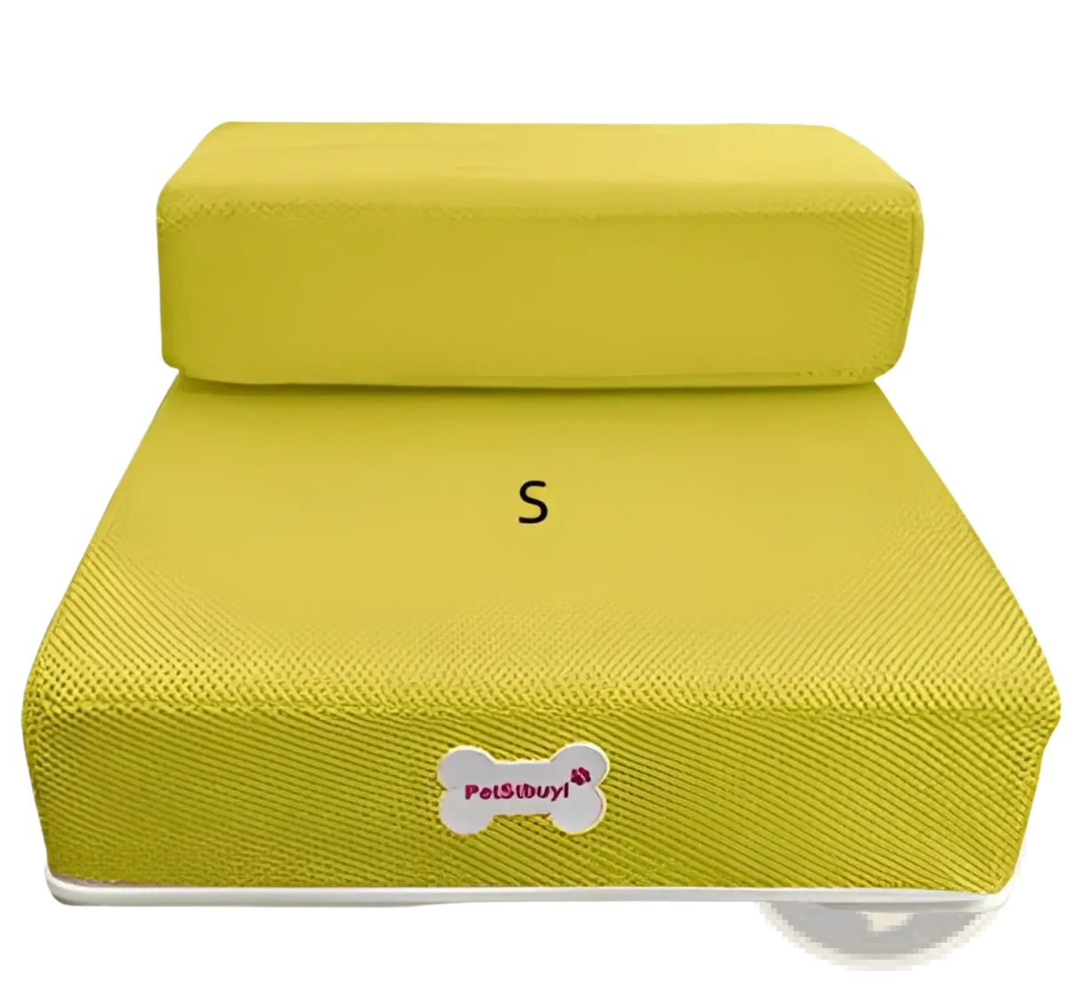 Bright yellow foam pet stairs convertible dog ramp and step with two steps, textured fabric surface, and bone logo