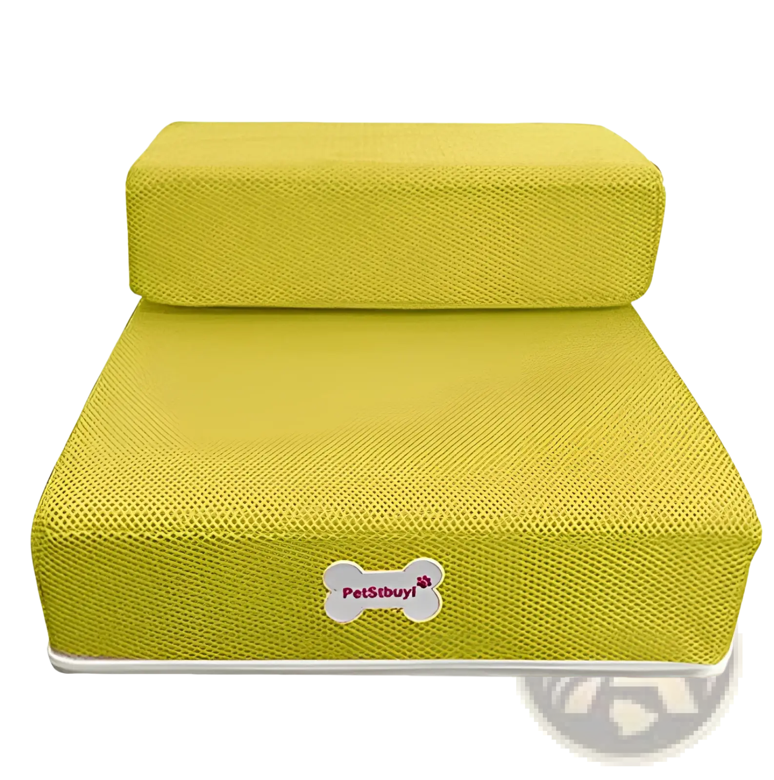 Bright yellow foam pet stairs convertible dog ramp and step with textured fabric surface and white bone shaped logo patch