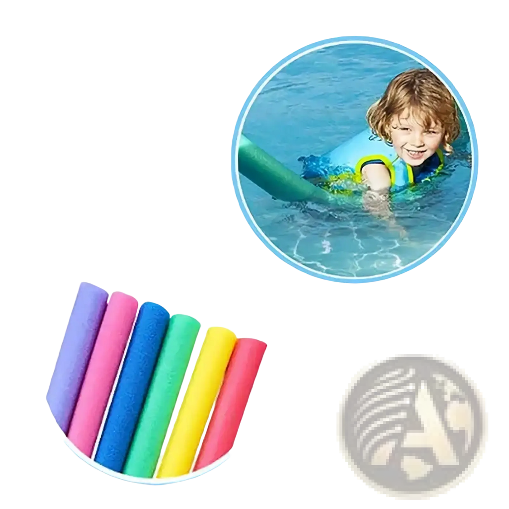 Foam pool noodle swimming float aid for kids made of soft foam in purple pink blue green yellow and red colors
