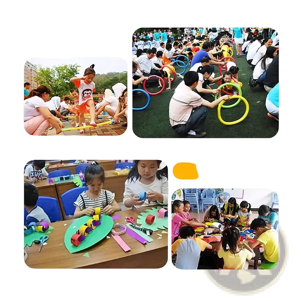 Colorful plastic hula hoops for parent-child activity games paired with foam pool noodle swimming float aid for kids