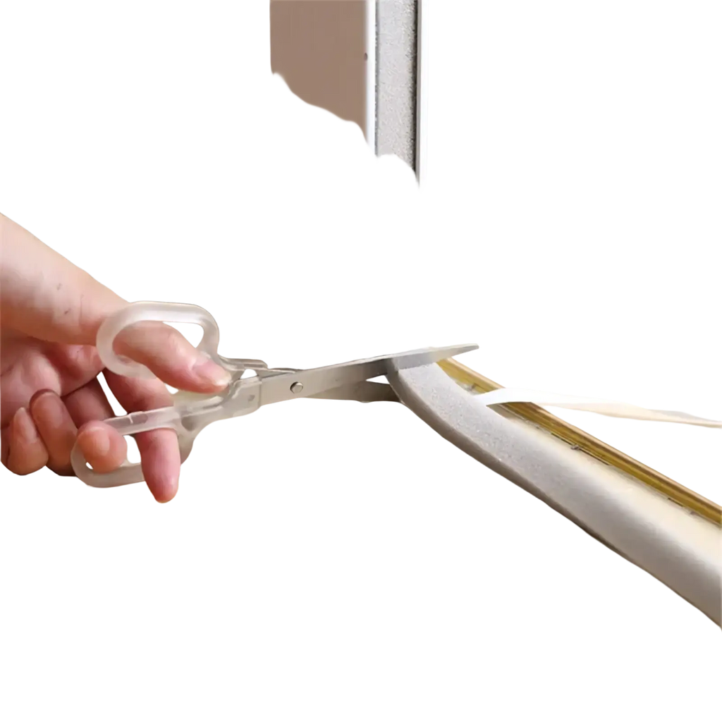Clear plastic-handled scissors cutting white foam soundproof weather stripping tape 2m with metallic blades